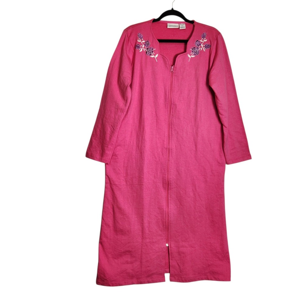 Country Store Pink Fleece Zip Front Robe Floral Embroidery Small Lounger 5878